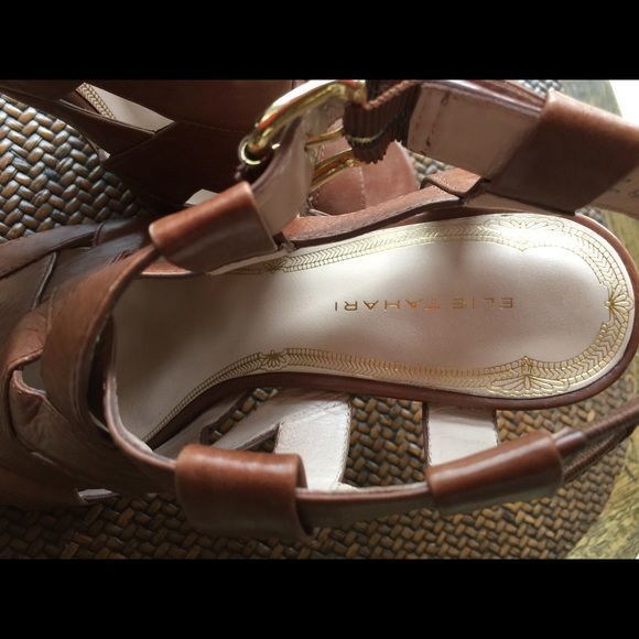 Ellie Tahari Brown Leather Peep Toe Sandals High Heels 9 1/2 - Picture 6 of 12